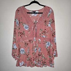 Torrid Womens 2X Dusty Coral Floral Gauze Crochet Babydoll Top Peasant Babydoll